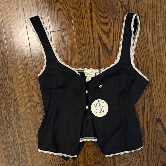 NWT VRG GRL Black Lace Trim Linen Tank - Picture 1 of 2